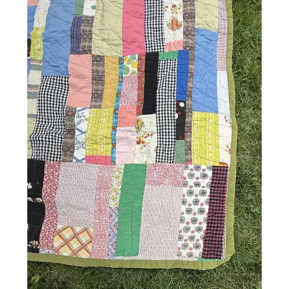 Antique Vintage 1930’s CRAZY QUILT Multi-Color Feed Sack Olive Green Back
